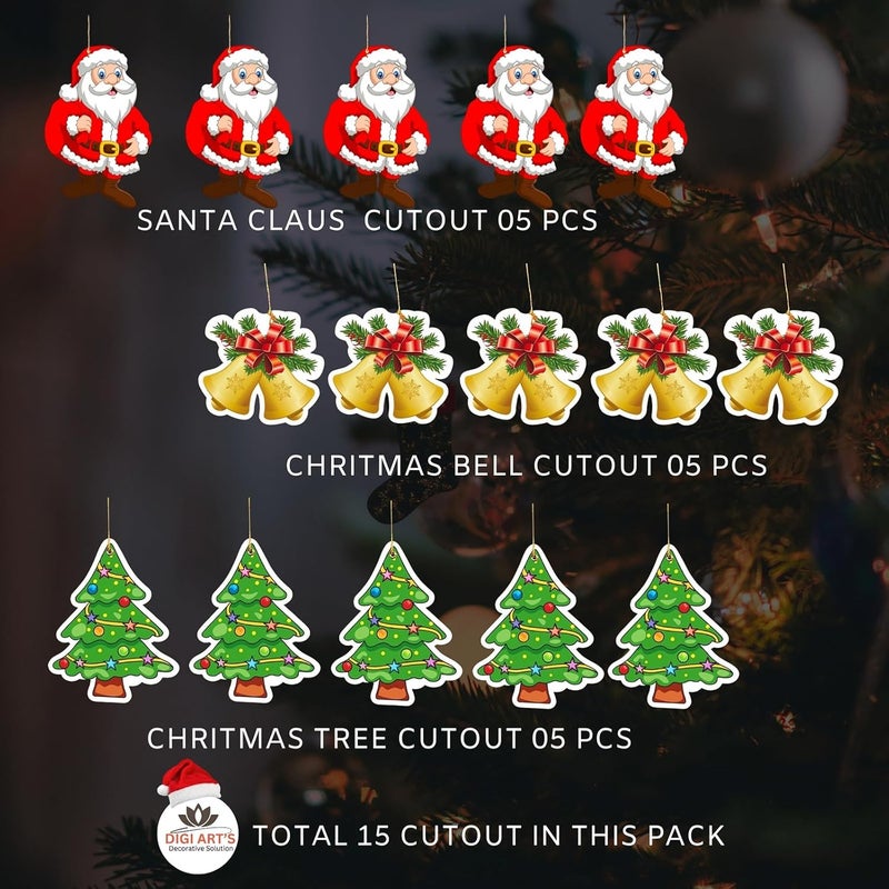 DIGI ART'S DIGI ARTS Merry Christmas Paper Hanging Santa Claus Christmas Tree and Bell for Christmas Decoration Home Living Room Office Christmas Party Pack of 15 Multicolor Size 15 Cms - Image 3