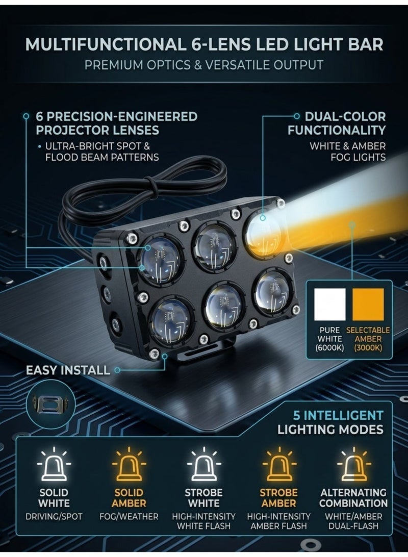 6-Lens LED Light Bar Dual Color White Yellow 5-Mode Offroad Fog Light - Image 5