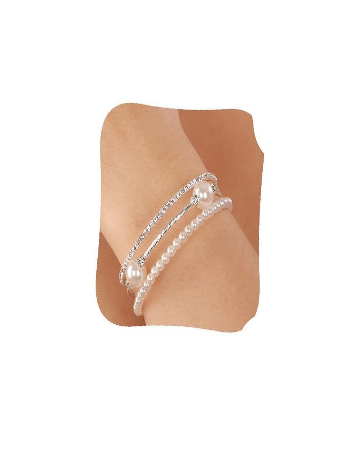 يرتير سوار زفاف فضي من YERTTER بثلاثة صفوف من اللؤلؤ وأحجار الراين، سوار رائع متعدد الطبقات قابل للتمدد، سوار كريستالي هدية للنساء والعرائس (فضي 4) - Image 1