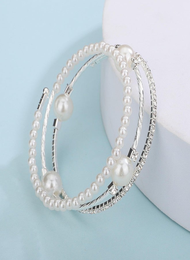 يرتير سوار زفاف فضي من YERTTER بثلاثة صفوف من اللؤلؤ وأحجار الراين، سوار رائع متعدد الطبقات قابل للتمدد، سوار كريستالي هدية للنساء والعرائس (فضي 4) - Image 5