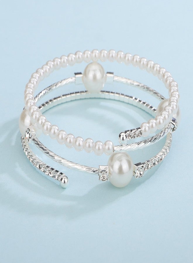 يرتير سوار زفاف فضي من YERTTER بثلاثة صفوف من اللؤلؤ وأحجار الراين، سوار رائع متعدد الطبقات قابل للتمدد، سوار كريستالي هدية للنساء والعرائس (فضي 4) - Image 3