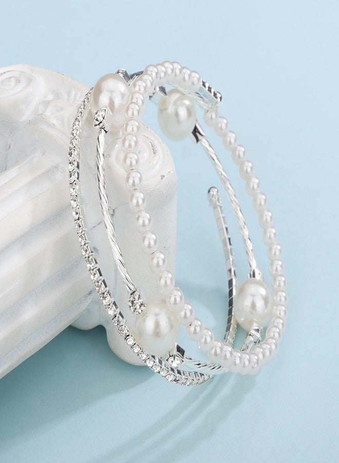 يرتير سوار زفاف فضي من YERTTER بثلاثة صفوف من اللؤلؤ وأحجار الراين، سوار رائع متعدد الطبقات قابل للتمدد، سوار كريستالي هدية للنساء والعرائس (فضي 4) - Image 4