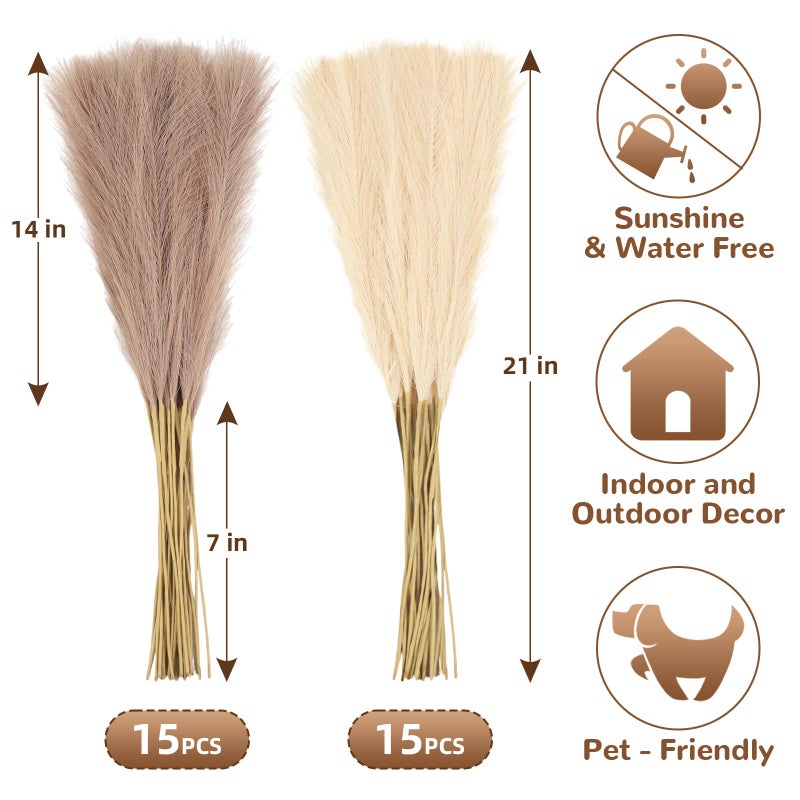 JOLYEAK 30pcs Pampas Grass Decor,21" Artificial Pompous Grass Bulk,Small Vase Filler Pompas Grass for Home Wedding Living Room Wall Party Decoration (Beige,Light Brown) - Image 2
