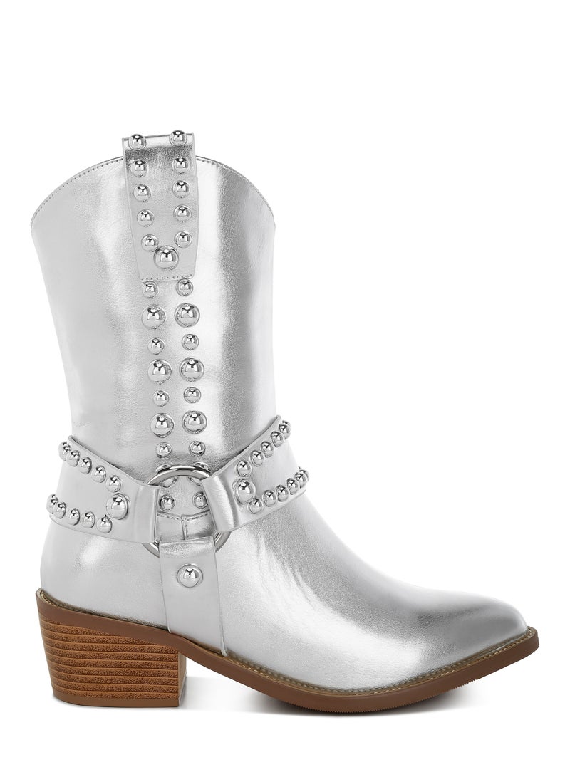 London Rag Studded Harness Detail Boots in Silver  - Image 1