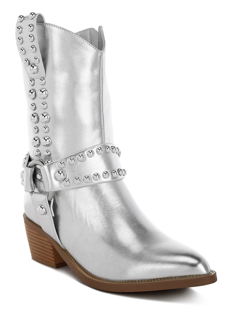 London Rag Studded Harness Detail Boots in Silver  - Image 2