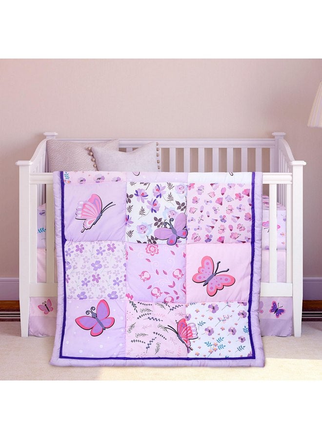 Tudomro Tudomro 3 Pieces Butterfly Nursery Crib Bedding Set for Girls, Standard Size Bedding Sets with Comforter Fitted Sheet Crib Skirt(Purple)  - Image 1