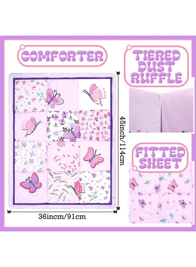 Tudomro Tudomro 3 Pieces Butterfly Nursery Crib Bedding Set for Girls, Standard Size Bedding Sets with Comforter Fitted Sheet Crib Skirt(Purple)  - Image 2