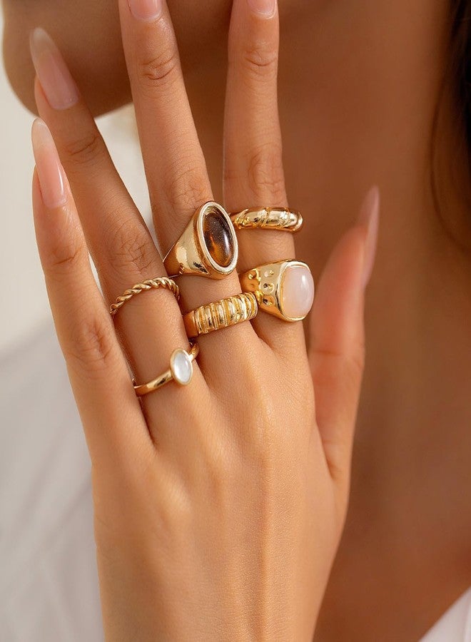ZMANYIJEW 5PCS Gold Rings Set for Women: Ruffled Colorful Stone, Chunky, Adjustable, Bold Thick Rings - Gold Statement Open Dome Ring (Gold A) - Image 2