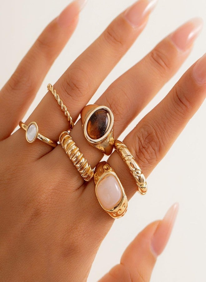 ZMANYIJEW 5PCS Gold Rings Set for Women: Ruffled Colorful Stone, Chunky, Adjustable, Bold Thick Rings - Gold Statement Open Dome Ring (Gold A) - Image 3