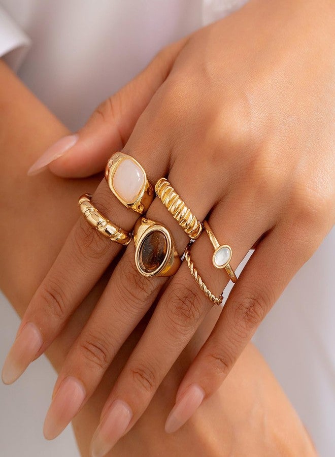 ZMANYIJEW 5PCS Gold Rings Set for Women: Ruffled Colorful Stone, Chunky, Adjustable, Bold Thick Rings - Gold Statement Open Dome Ring (Gold A) - Image 4