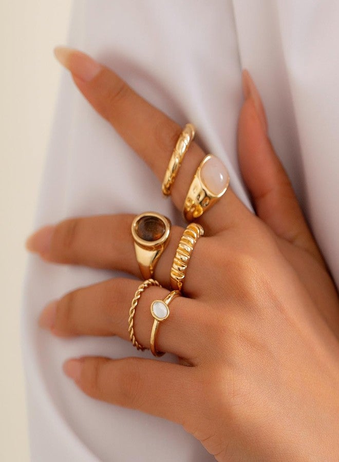 ZMANYIJEW 5PCS Gold Rings Set for Women: Ruffled Colorful Stone, Chunky, Adjustable, Bold Thick Rings - Gold Statement Open Dome Ring (Gold A) - Image 5