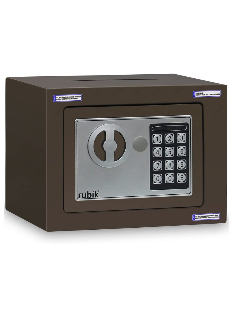 Rubik - Mini Cash Deposit Drop Slot Safe Box with Key and Pin Code Option (Size 23x17x17cm) Brown - Image 1
