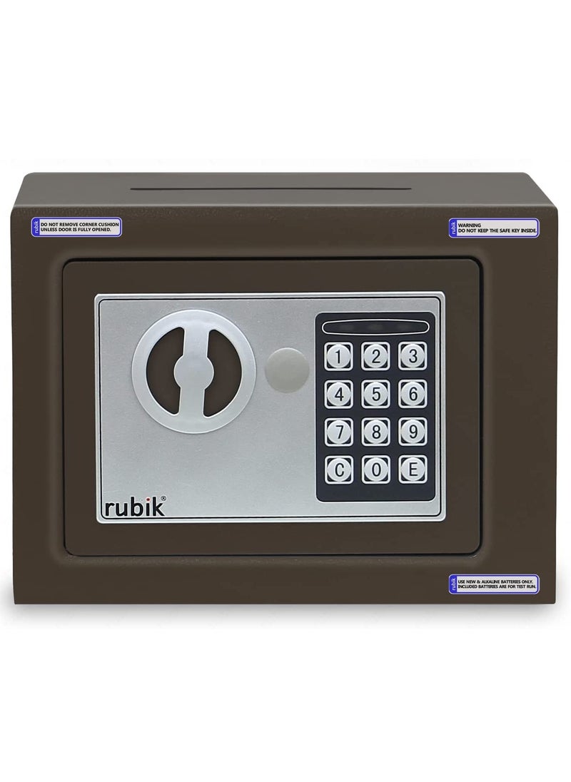 Rubik - Mini Cash Deposit Drop Slot Safe Box with Key and Pin Code Option (Size 23x17x17cm) Brown - Image 1
