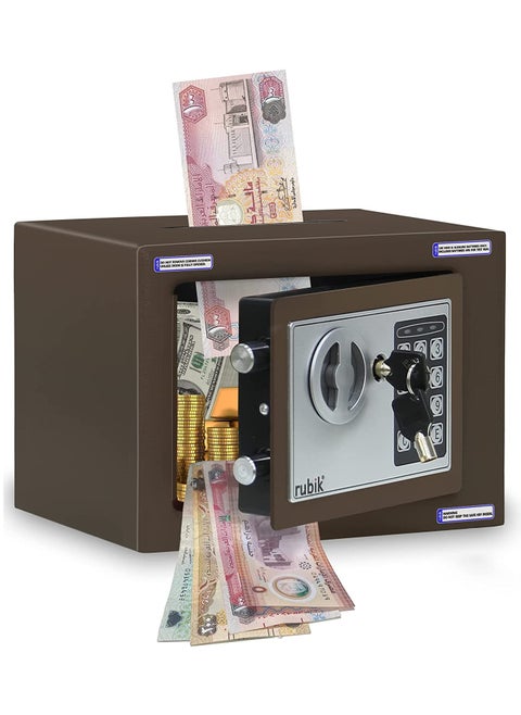 Mini Cash Deposit Drop Slot Safe Box with Key and Pin Code Option (Size 23x17x17cm) Brown