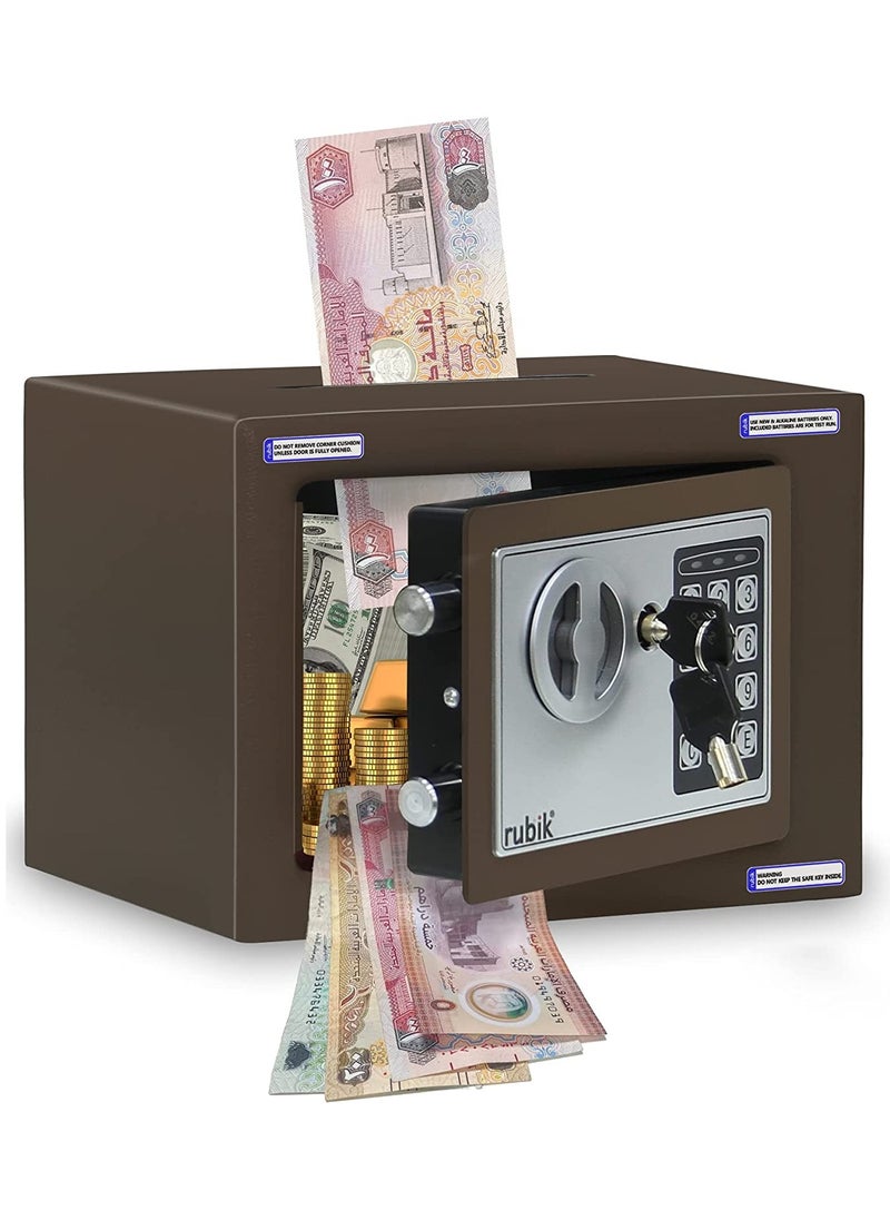 Rubik - Mini Cash Deposit Drop Slot Safe Box with Key and Pin Code Option (Size 23x17x17cm) Brown - Image 1