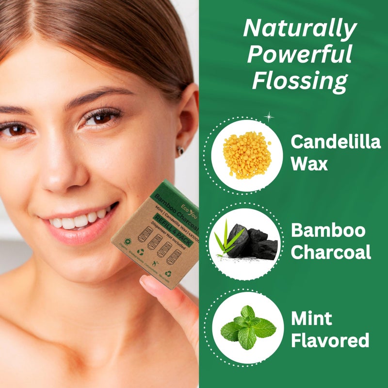 EcoYou Charcoal Bamboo Floss | 2 Non Toxic Natural Floss Refill with Metal Container | Organic Mint & Candelilla Wax | Vegan & Biodegradable | Compatible w/Similar Dental Floss Silk Refill Containers - Image 3
