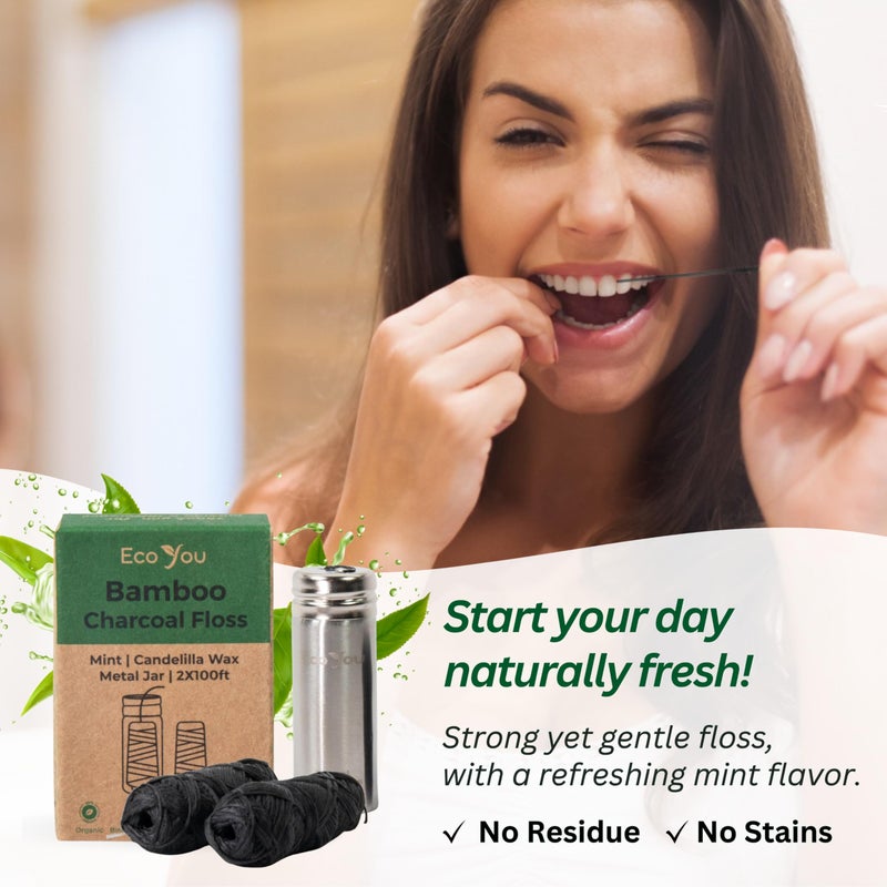 EcoYou Charcoal Bamboo Floss | 2 Non Toxic Natural Floss Refill with Metal Container | Organic Mint & Candelilla Wax | Vegan & Biodegradable | Compatible w/Similar Dental Floss Silk Refill Containers - Image 4