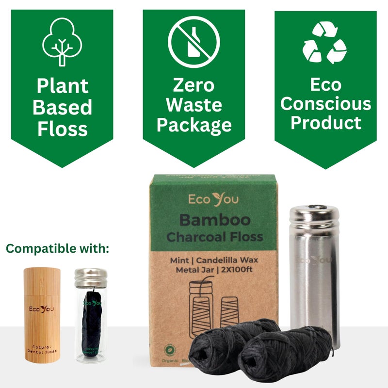 EcoYou Charcoal Bamboo Floss | 2 Non Toxic Natural Floss Refill with Metal Container | Organic Mint & Candelilla Wax | Vegan & Biodegradable | Compatible w/Similar Dental Floss Silk Refill Containers - Image 2