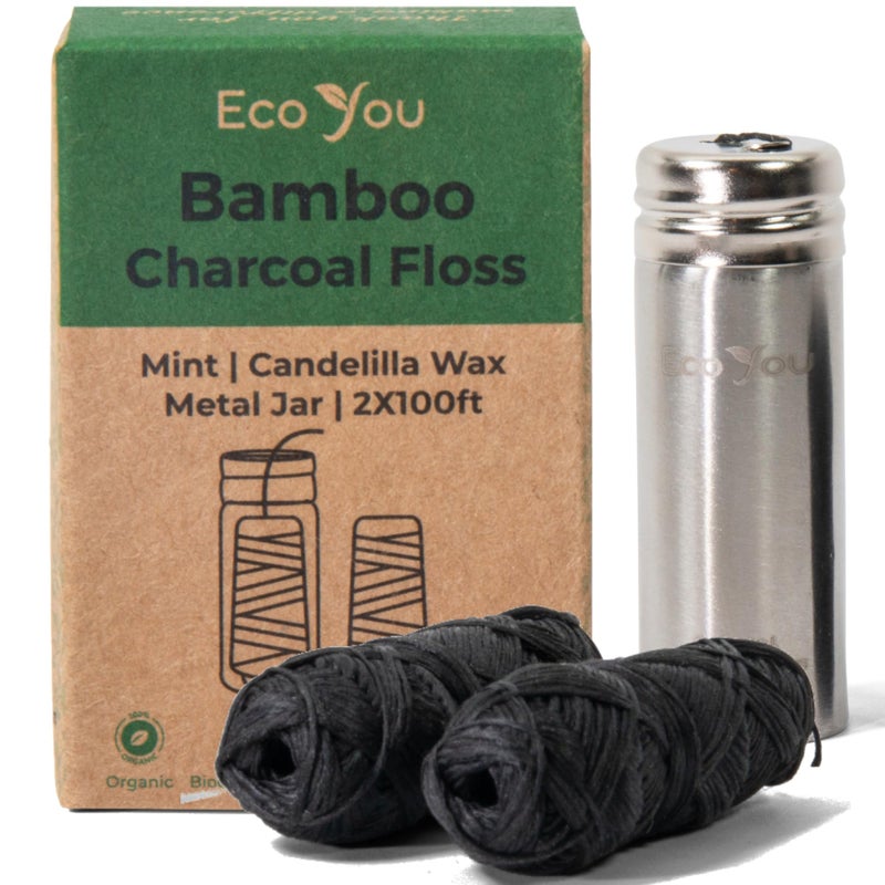 EcoYou Charcoal Bamboo Floss | 2 Non Toxic Natural Floss Refill with Metal Container | Organic Mint & Candelilla Wax | Vegan & Biodegradable | Compatible w/Similar Dental Floss Silk Refill Containers - Image 1