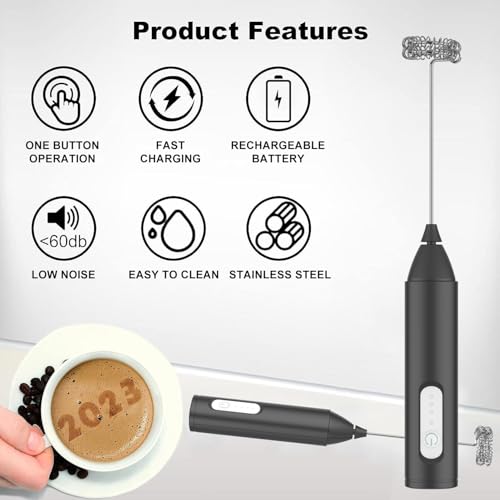 Konquer TimeS Rechargeable Milk Frother – Handheld Electric Coffee Frother with USB-C Charging, 3-Speed Stainless Steel Whisk for Lattes, Matcha, Hot Chocolate, and Frappe - Image 2