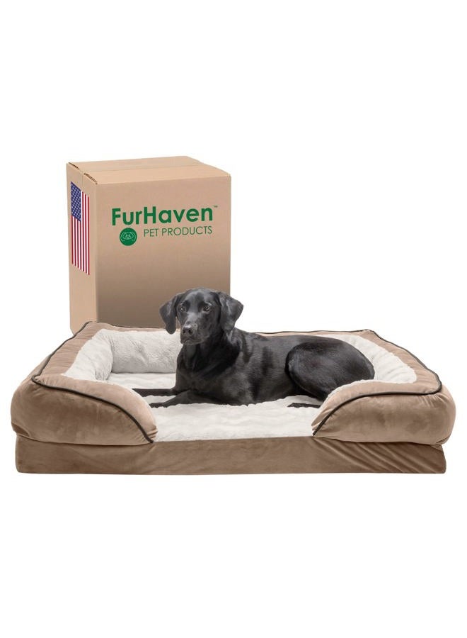Furhaven Orthopedic Dog Bed for Large Dogs w/ Removable Bolsters & Washable Cover, For Dogs Up to 95 lbs - Plush & Velvet Waves Perfect Comfort Sofa - Brownstone, Jumbo/XL - Image 1