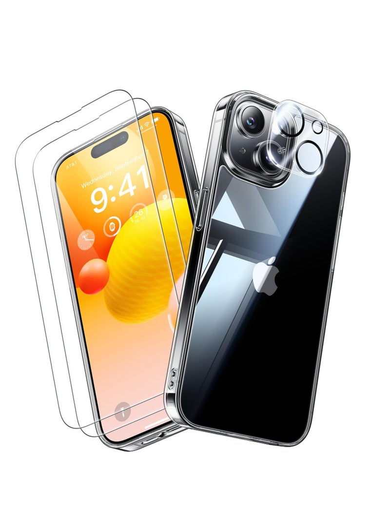 DUSALA Diamond Clear for iPhone 15 Case with 2X Screen Protector + 2X Camera Lens Protector, [Not Yellowing][Military-Grade Protective] Slim Thin Shockproof Phone Case for iPhone 15, Clear - Image 1