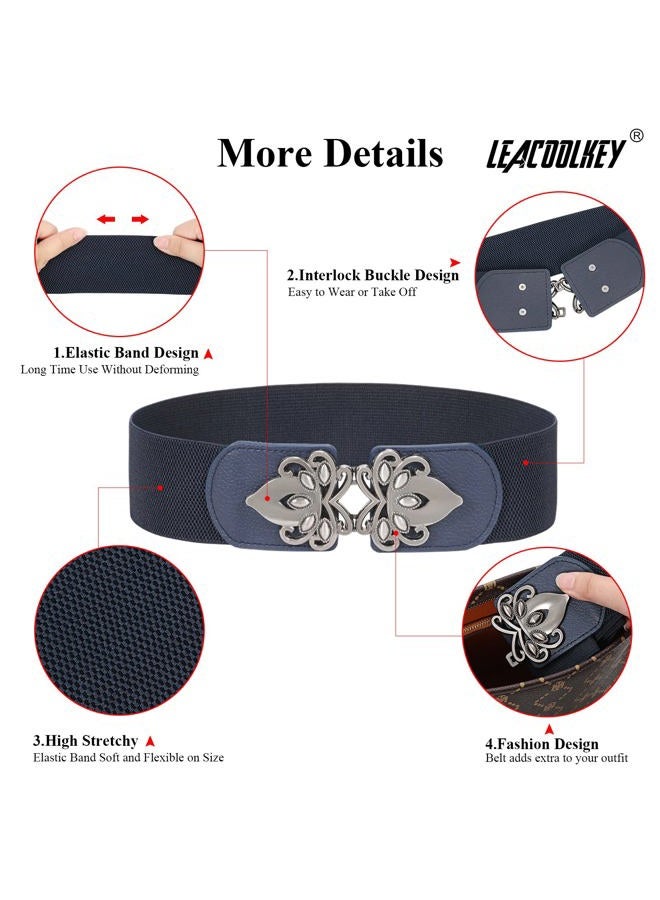 LEACOOLKEY 4 Pack Women Wide Elastic Waist Belt for Dress Vintage Stretch Cinch Belt Retro Buckle, D-black+coffee+navy Blue+beige, Suit for waist size 33"-37" - Image 2