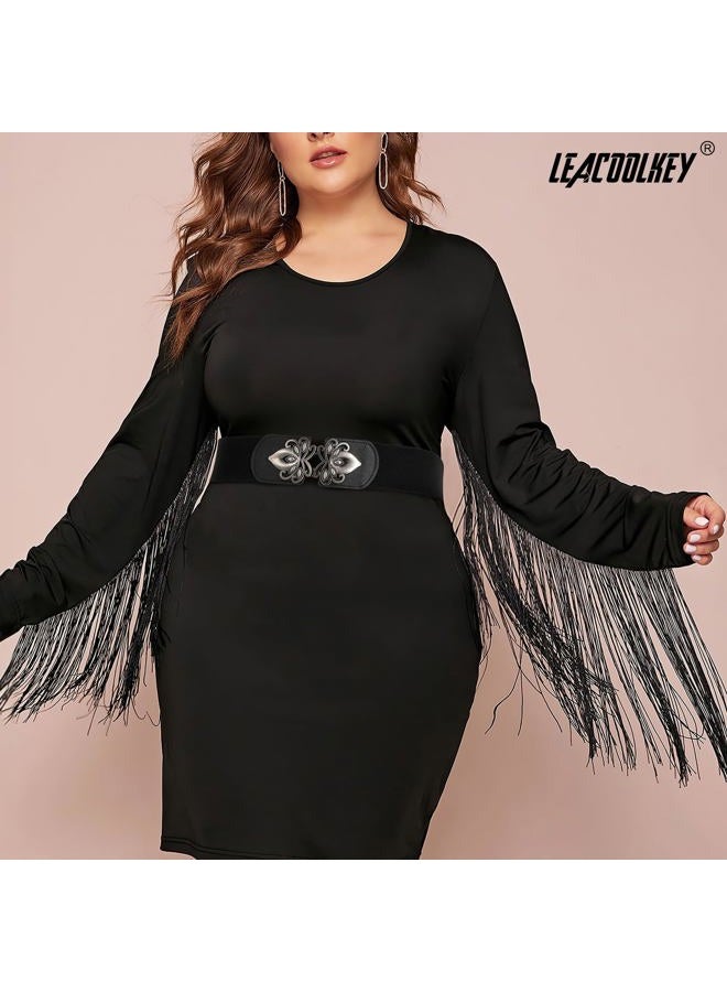 LEACOOLKEY 4 Pack Women Wide Elastic Waist Belt for Dress Vintage Stretch Cinch Belt Retro Buckle, D-black+coffee+navy Blue+beige, Suit for waist size 33"-37" - Image 3