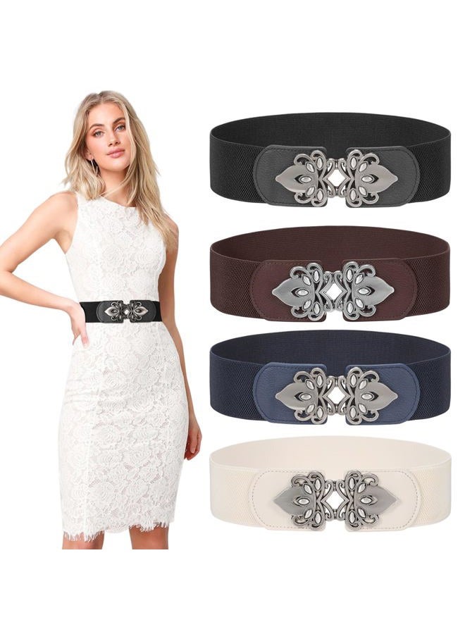 LEACOOLKEY 4 Pack Women Wide Elastic Waist Belt for Dress Vintage Stretch Cinch Belt Retro Buckle, D-black+coffee+navy Blue+beige, Suit for waist size 33"-37" - Image 1
