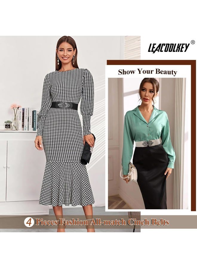 LEACOOLKEY 4 Pack Women Wide Elastic Waist Belt for Dress Vintage Stretch Cinch Belt Retro Buckle, D-black+coffee+navy Blue+beige, Suit for waist size 33"-37" - Image 4