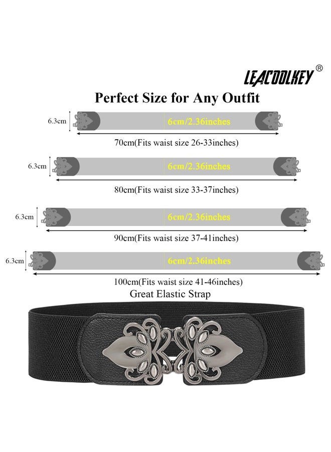 LEACOOLKEY 4 Pack Women Wide Elastic Waist Belt for Dress Vintage Stretch Cinch Belt Retro Buckle, D-black+coffee+navy Blue+beige, Suit for waist size 33"-37" - Image 5