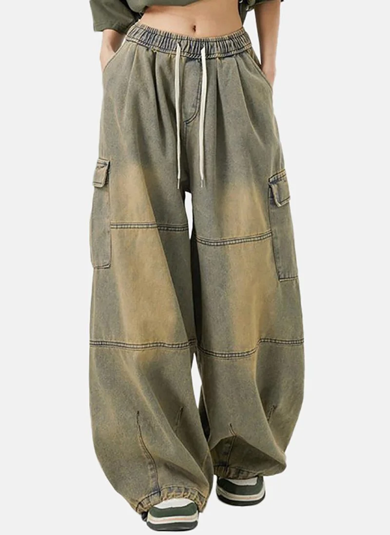 يونيكي Blue Solid Mid Rise Relaxed Wide Leg Jeans