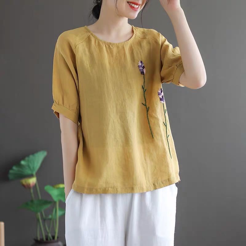 Women's Top Summer Cotton Loose Fit Plus Size Short Sleeves Round Neck Vintage - Image 2