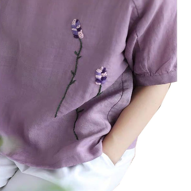 Women's Top Summer Cotton Loose Fit Plus Size Short Sleeves Round Neck Vintage - Image 3
