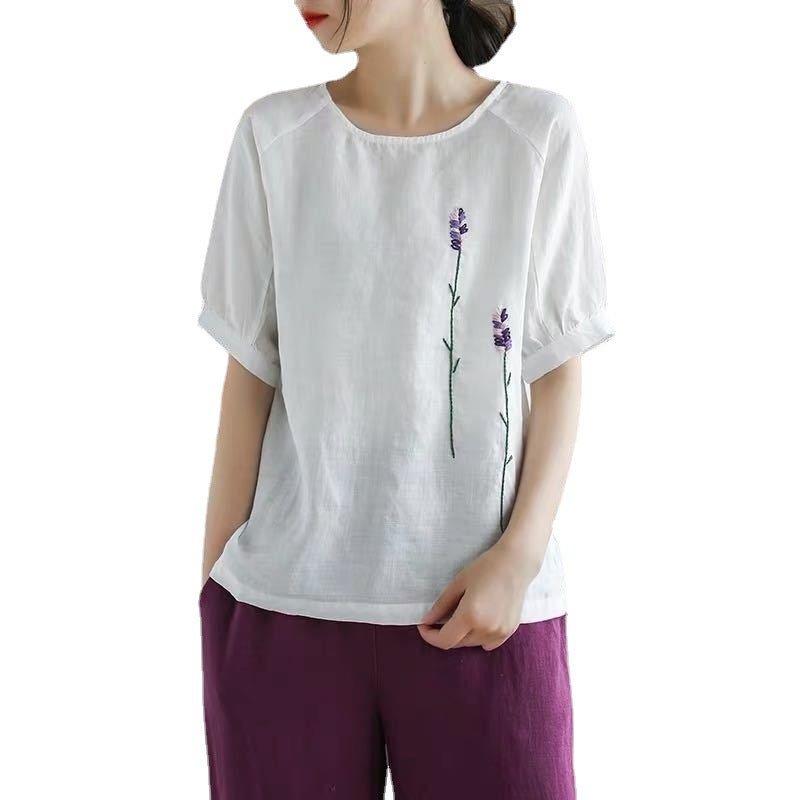 Women's Top Summer Cotton Loose Fit Plus Size Short Sleeves Round Neck Vintage - Image 4