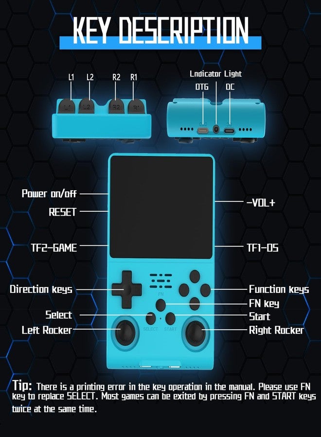 FVBADE[30000 in 1] R40S PRO Handheld Game Console 3.5 inch IPS Screen Mini Retro Console 3800mAh Portable Pocket Arcade 45+ Mainstream Emulator 256G TF Card Transparent.(Blue) - Image 4