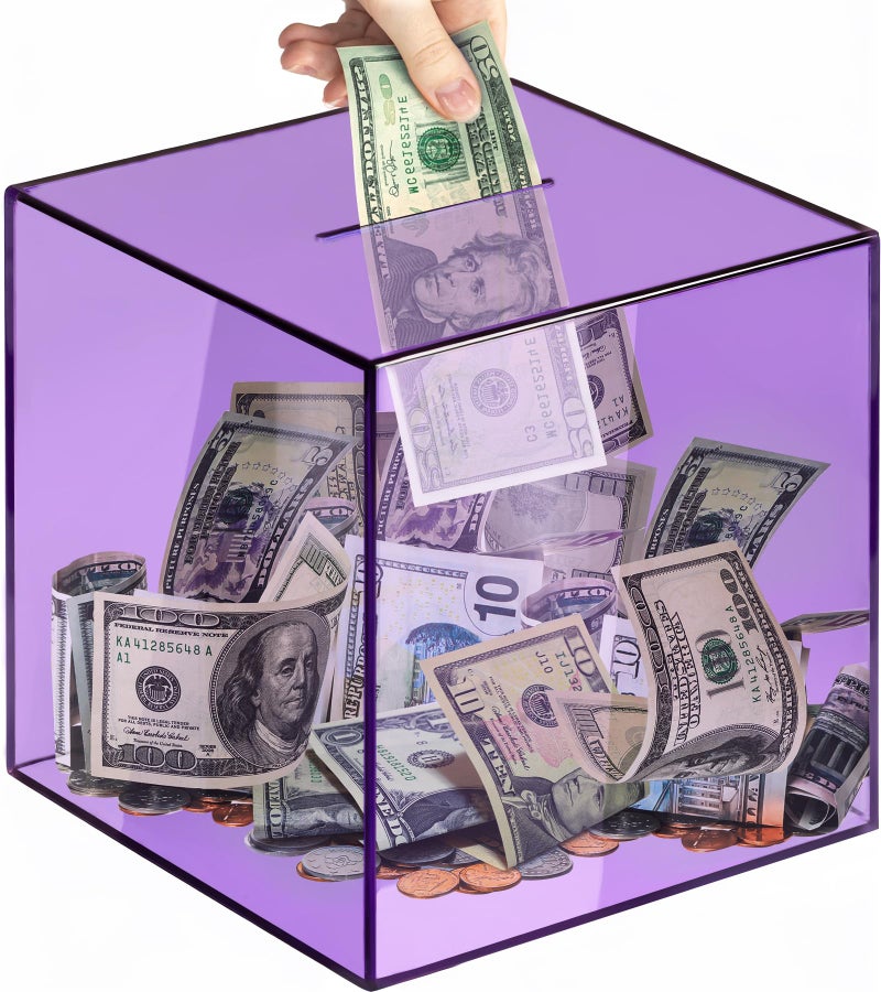 Vcertcpl Piggy Bank for Adults Must Break to Open Vcertcpl Acrylic Clear Piggy Bank Money Saving Box for Cash Saving Unopenable Adults Bank for Real Money Bank Coin Bank Change Jar Purple 15x15CM - Image 3
