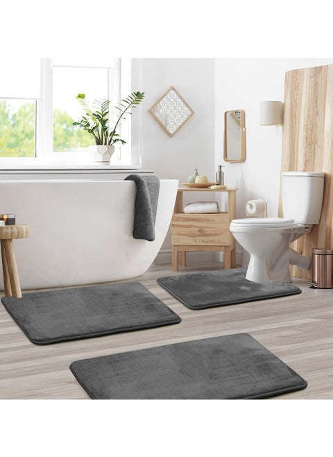 Bathroom Rug Sets, 3 Piece Non Slip Absorbent Ultra Soft Cozy Velvet Bathroom Mat Memory Foam Bath Mat, Easy Wash and Dry, Machine Washable, Bath Rugs for Tub Shower and Bath Room (Gray)