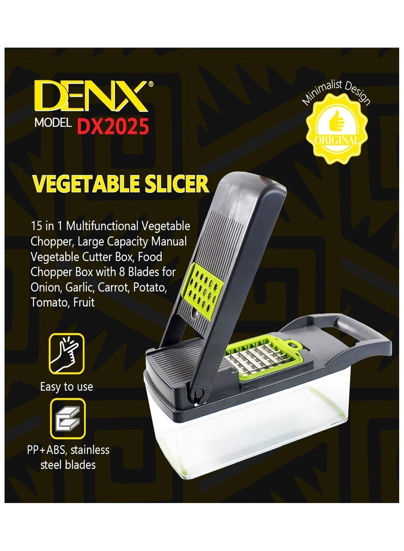 دينكس DENX2025| مفرمة خضروات متعددة الوظائف 14 في 1، مفرمة بصل احترافية مع 8 شفرات من الفولاذ المقاوم للصدأ، قطاعة مطبخ، ومكعبات، وقاطعة للخضروات والجزر والثوم، تتضمن حاوية تخزين  - Image 3