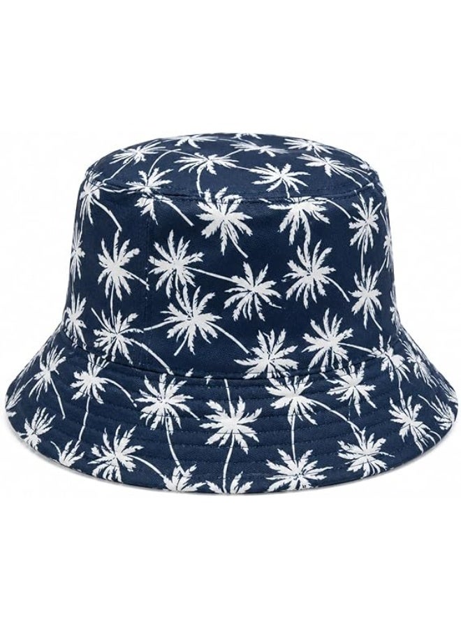 Unisex bucket hat with a palm tree print, modern design in two colors (blue and white), reversible - Image 1