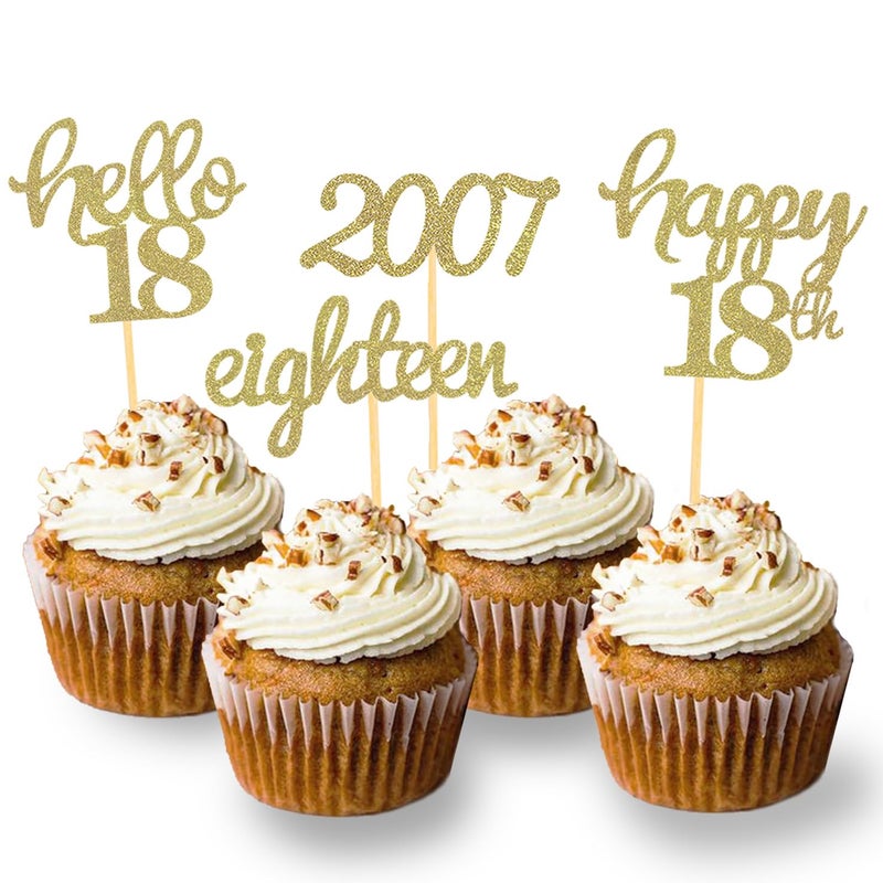 Moitkptt 24 Pcs Glitter 18th Birthday Cupcake Toppers for Celebrating 18th Birthday Party Decorations for Eighteen Years Old Birthday Party Supplies (Gold) - Image 1