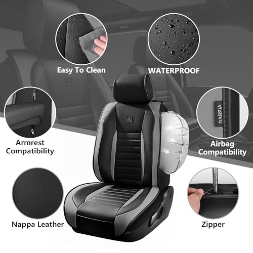 CAR PASS Nappa Leather Car Seat Covers Front Seats Luxury Seat Protector for Cars Waterproof AntiSlip Seat Cushion Armrest Compatible Airbag Universal for SUV Pickup Truck Automotive Black Gray - Image 3
