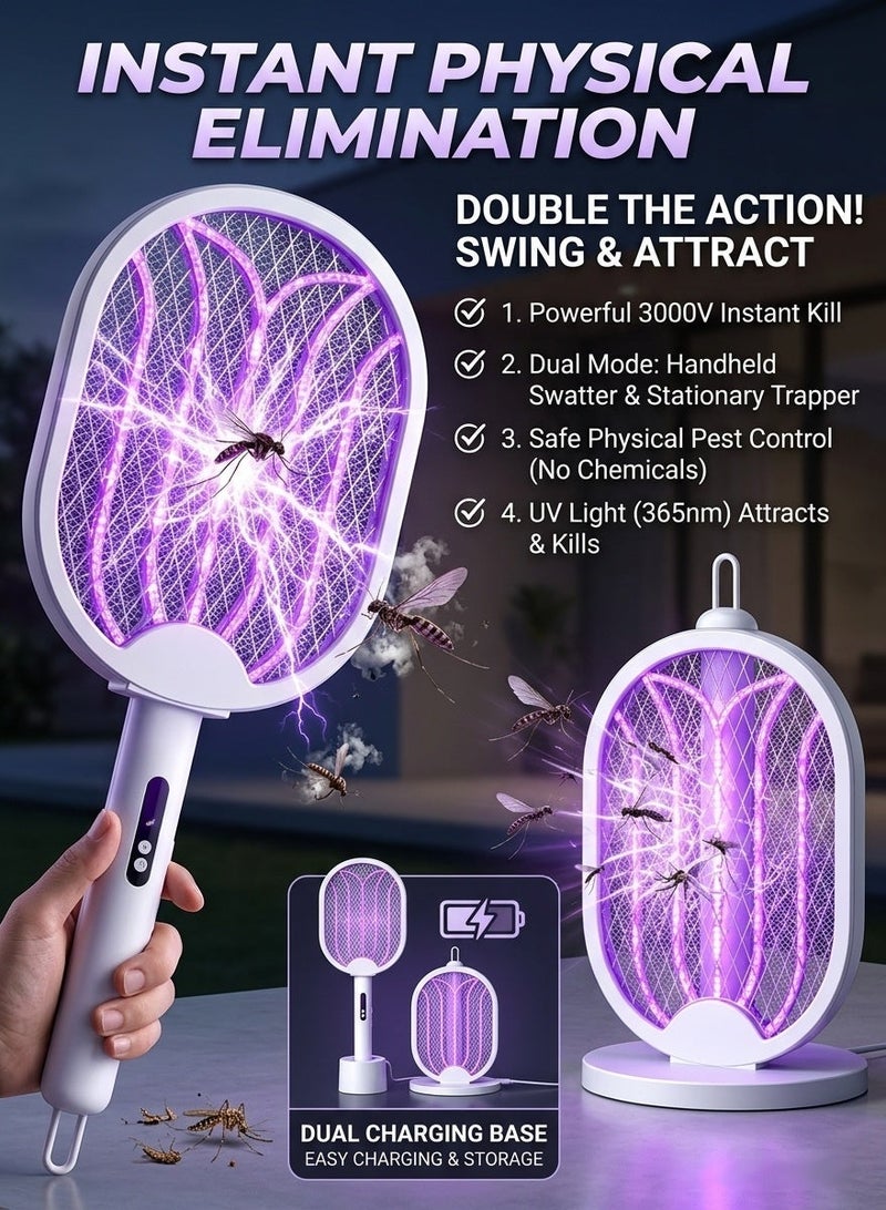 Liboer 3000V High Voltage Electric Mosquito Swatter/racket, Type-C Fast Charging 180° Rotatable Foldable Bug Zapper, 5-in-1 UV Mosquito Trap with LED Light ， Five-Layer Safety Grid, Indoor Outdoor Universal - Image 3