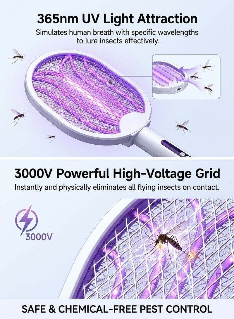 Liboer 3000V High Voltage Electric Mosquito Swatter/racket, Type-C Fast Charging 180° Rotatable Foldable Bug Zapper, 5-in-1 UV Mosquito Trap with LED Light ， Five-Layer Safety Grid, Indoor Outdoor Universal - Image 5