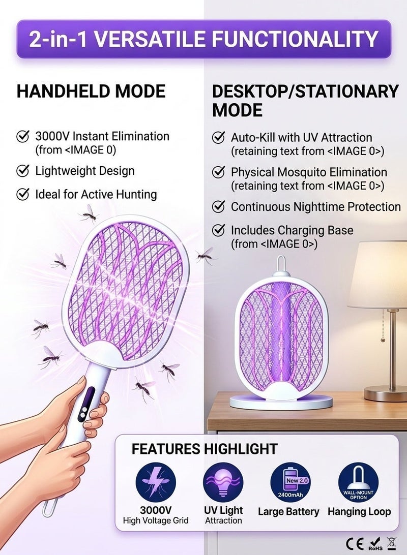 Liboer 3000V High Voltage Electric Mosquito Swatter/racket, Type-C Fast Charging 180° Rotatable Foldable Bug Zapper, 5-in-1 UV Mosquito Trap with LED Light ， Five-Layer Safety Grid, Indoor Outdoor Universal - Image 4
