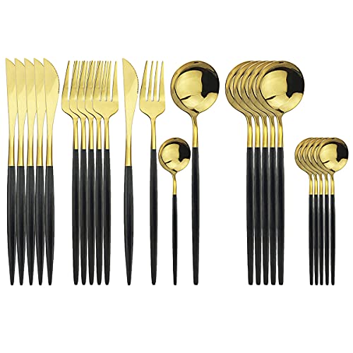 Uniturcky Gold Silverware Set, 24-Piece Stainless Steel Flatware Set Service For 6, Mirror Polished Black Handle Tableware Cutlery Set Knife Fork And Spoon For Home & Restaurant, Dishwasher Safe - Image 1