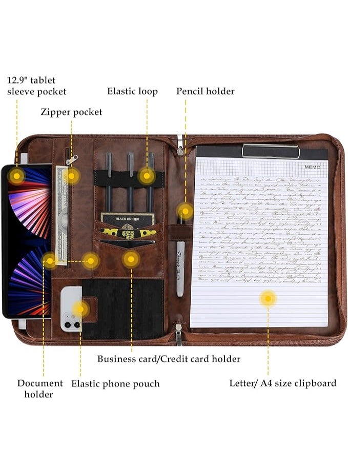 ProCase Portfolio Business Padfolio Folder with Zipper, Conference Meeting Executive File Legal Document Organizer with Pockets Letter Size A4 Writing Pad Notepad Padfolio for Father's Day Gift -Brown - Image 5