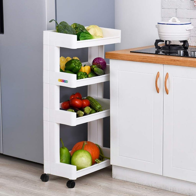 ALXIND Plastic 4 Layer Kitchen Space Saving Storage Rack with WheelsWhite - Image 1