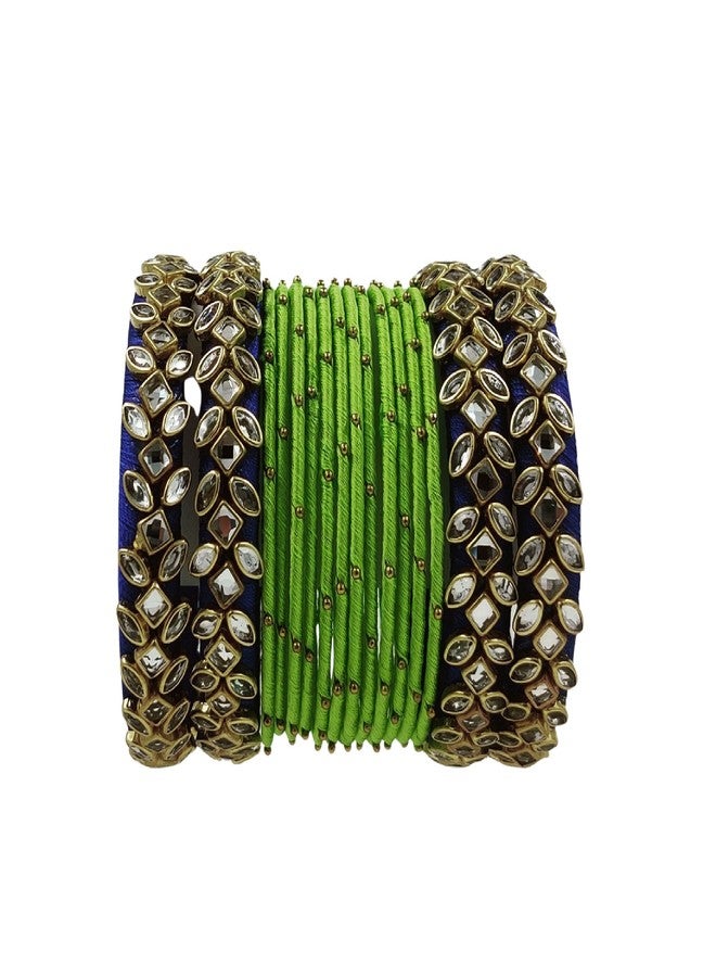 Yaalz Silk Thread Rich Kundan Work With Metal Mix Heavy Designer Bangle Set/Wedding Chuda In Blue & Light Green Colors In 2.4 Size For Women - Image 3