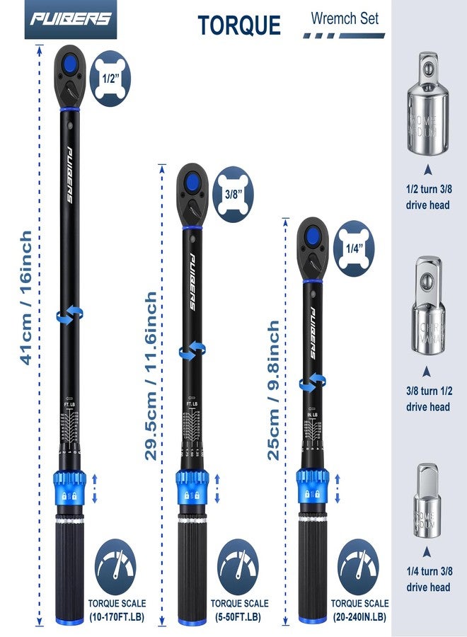 PUIBERS Torque Wrench Set 1/2 3/8 1/4 inch Drive Click, 3Pcs Torque Wrenches 10-170 FT.LB,5-50FT.LB,20-240IN.LB, Inch pound Torque Wrench with 3 Pcs Adapter for Bike,Car, Truck,Tractor - Image 2